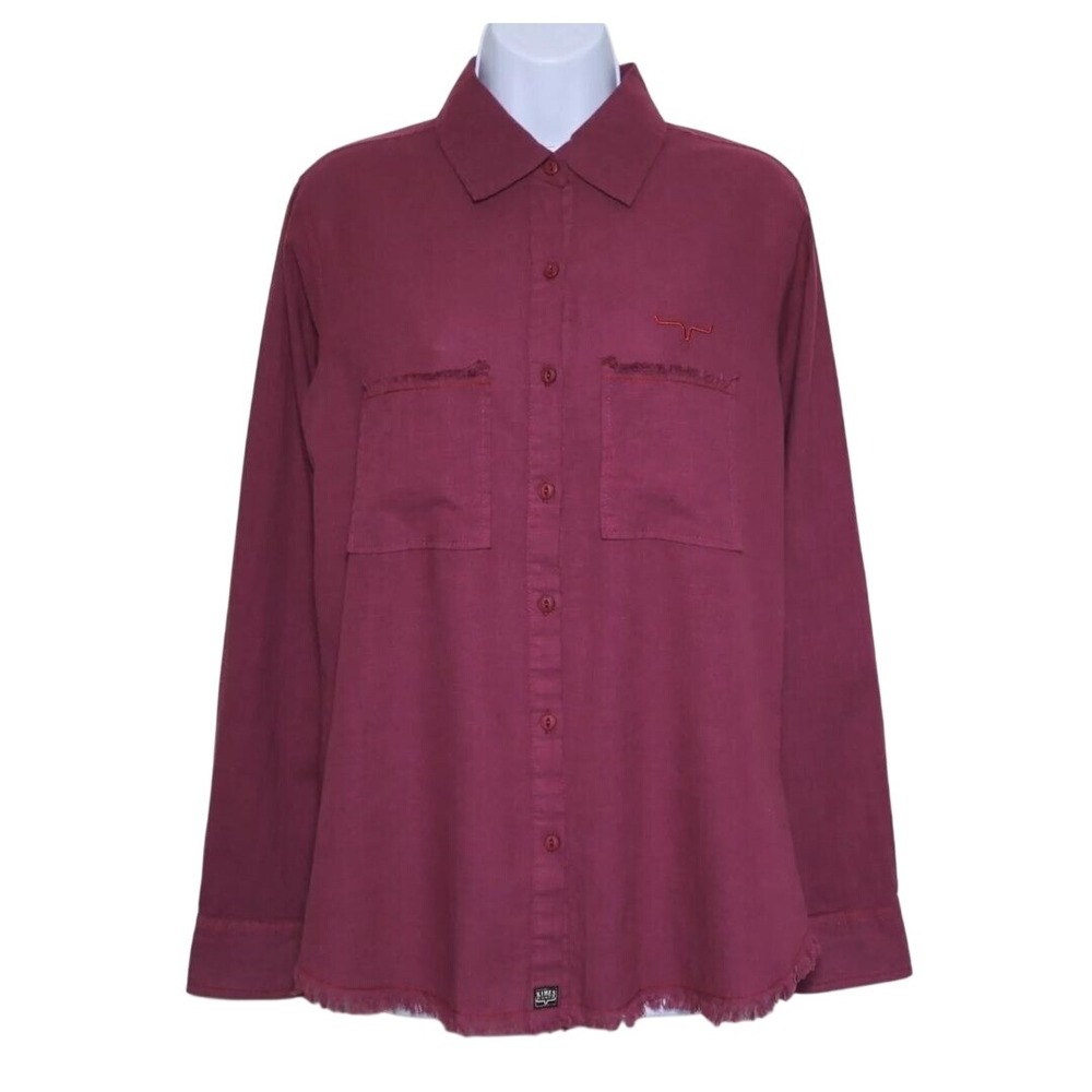 Kimes Ranch Womens Button Up Shirt L Purple 100% Cotton Frayed Hem Western Boho